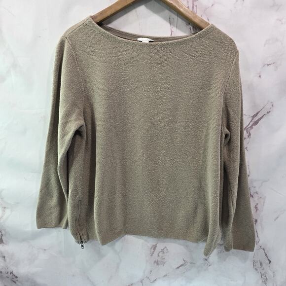 J Jill Sweater Womens Large P Petite Tan Brown Boat Neck Zip Side Cotton - Picture 1 of 11